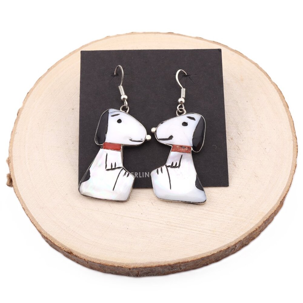 Handmade Zuni Inlay Large Snoopy Dog Dangle Earrings Sterling Silver Jewelry **